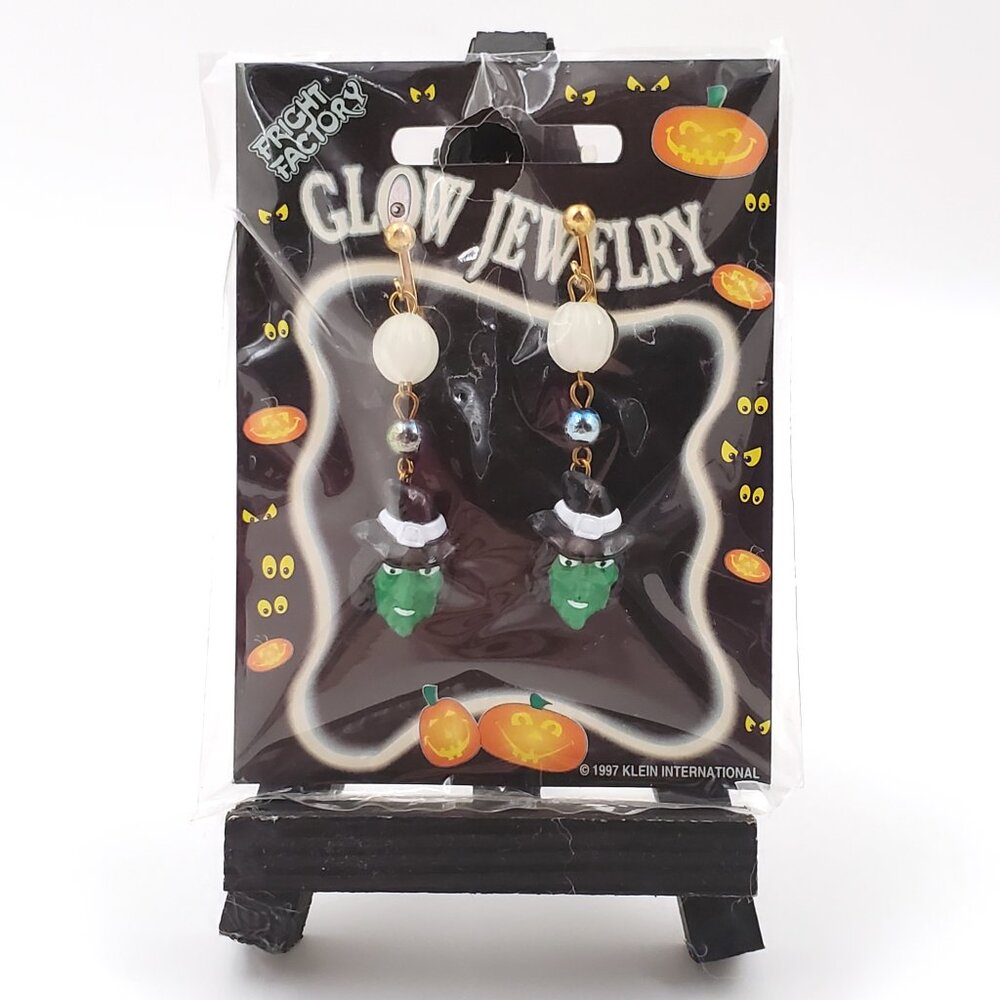 RARE Vintage “Fright Factory” Glow-In-The-Dark Witch Clip-on Earrings – NEW